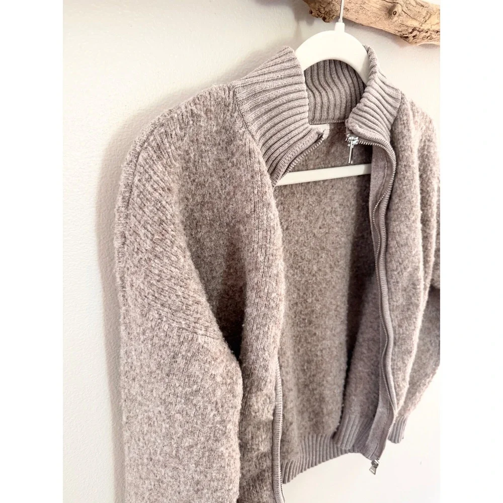 Marled Mock Neck Full Zip Cardigan Sweater Taupe Brown Wool Blend Small